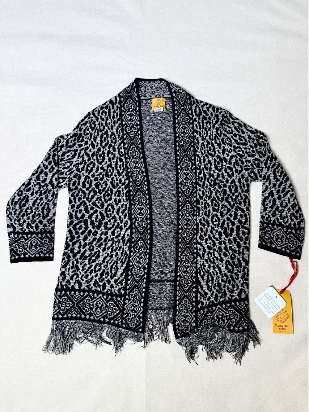 Ruby Rd Petite PS Leopard Metallic Fringe Open Front Cardigan NWT